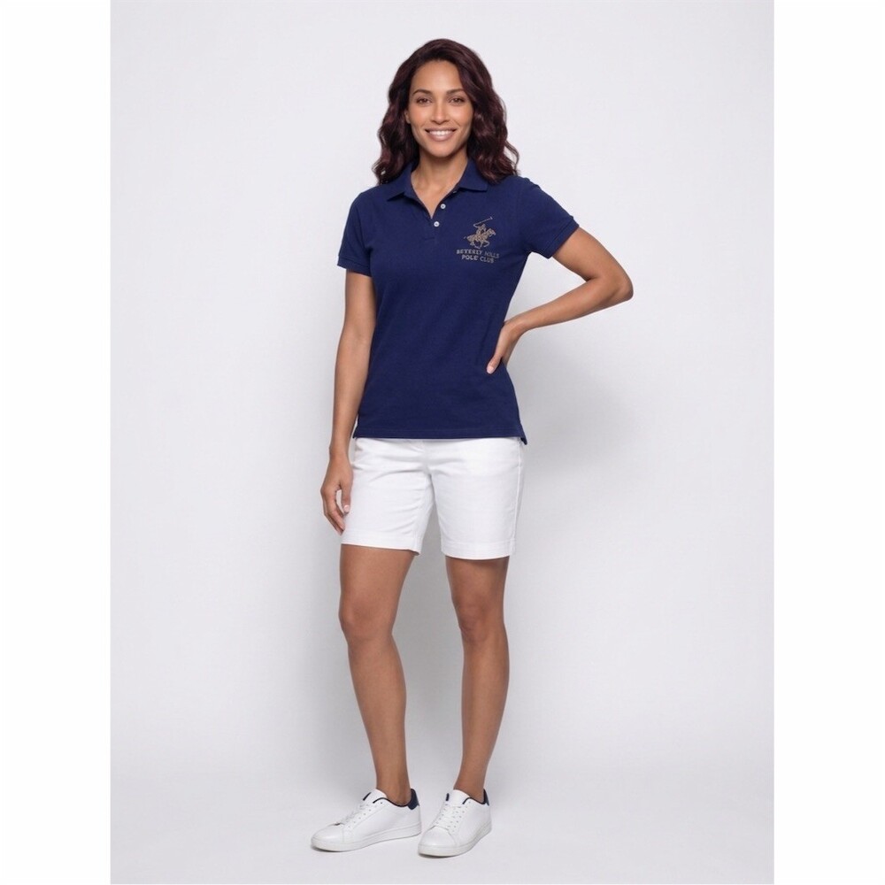 Beverly Hills Polo Club Polo Shirt Womens M Navy Blue Gold Stud Logo